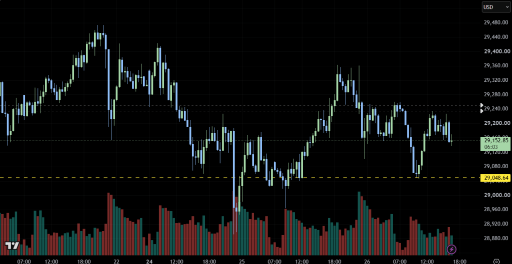 NAS100 30-minute chart showing a resistance level at 29,240 and a support level at 29,048.64