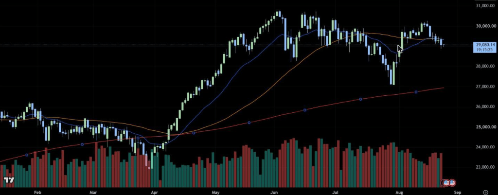 NAS100 daily chart showing the August pullback and recovery, with the 20-period EMA reacting more quickly than the 50-period SMA